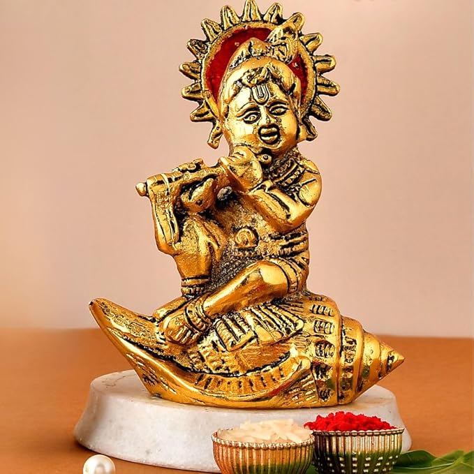 Amazon Brand - Umi Krishna Laddu Gopal Sitting on Conch Idol Statue Krishana Decorative Figurine for Diwali Rakshabandhan Gift Home Temple Office Tabletop Pooja Room Car Dashboard (4.2 in Height)