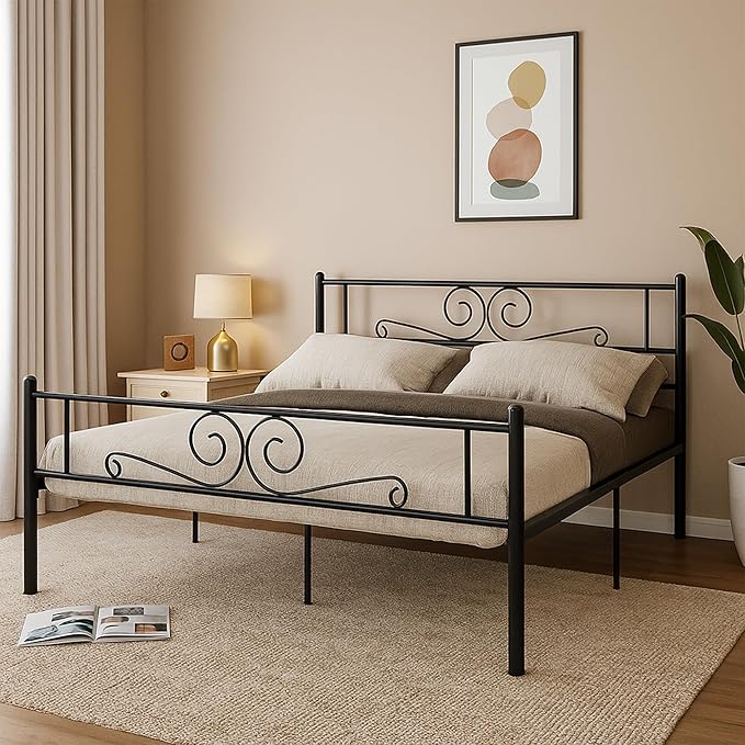 Amazon Brand - Solimo Marquina Style Metal Queen Bed Frame, Black Finish, DIY Assembly, Durable & Sturdy Queen Size Bed for Easy Setup and Modern Elegance