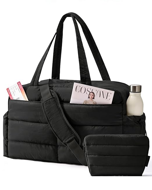 BAGSMART Gym Bag for Women, Lightweight Puffer Duffle Bag 2-PC Travel Bag, 31L Weekender Overnight Bag Quilted Carry On Tote Bag, Diaper Hospital Dance Bag for Travel, Gym, Water Resistant