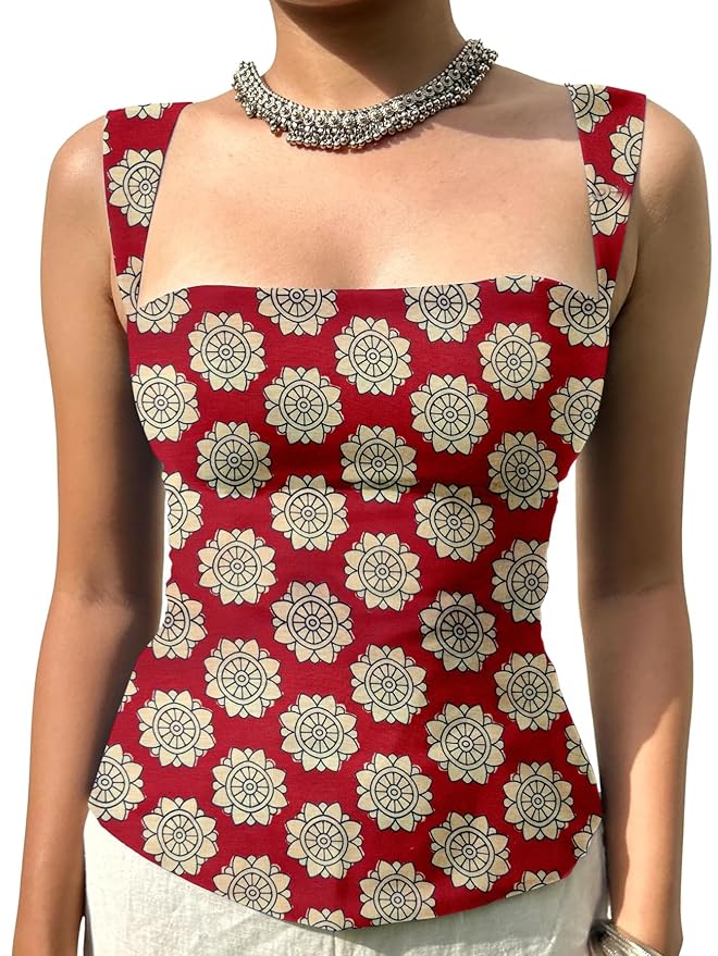 Aahwan Green Printed Square Neck Sleeveless Backless Short Indo-Western Ethnic Kurti Top for Women's & Girl's Ethnic Top for Women's & Girl's