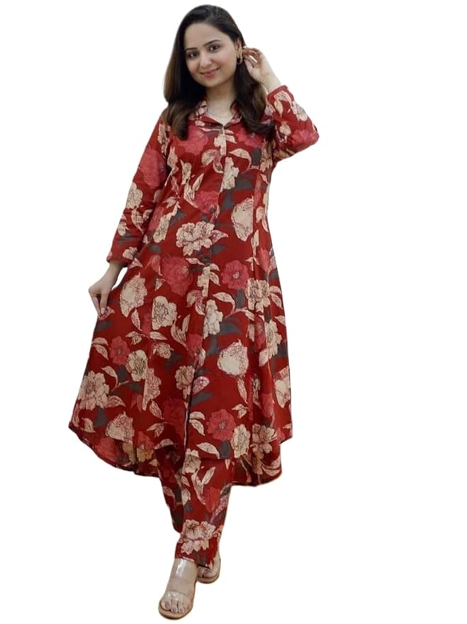 GRECIILOOKS Co ord set for women stylish | Anarkali Kurta-Set – Viscose Rayon Printed Kurta & Straight Pant | kurtis| Festive Indian Traditional Outfit Dress for Functions & Puja | Trendy Travel & Streetwear Look for Women | 3/4 Half Sleeve