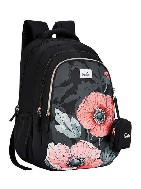 Genie School Backpack for Girls |19 In-36 Ltr with Three Compartments, Side Pockets and Light Weight with Padded Shoulders |Best for Books,Stationery,Lunch Box & Essentials