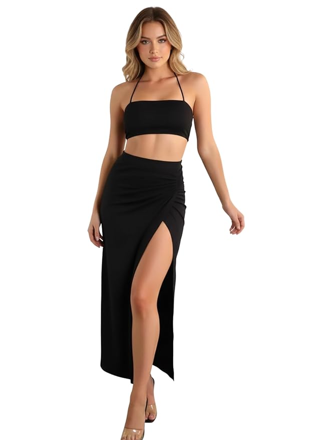GRECIILOOKS Women Two Piece Co-Ord Set | Crop Top & High Slit Maxi Skirt | Party Look Stylish Summer Co Ord Set Outfit | Figure Hugging Maxi Dress|Perfect for Casual Outings
