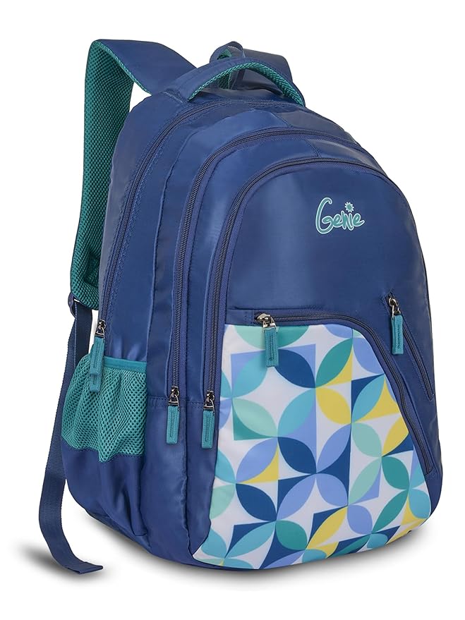 Genie Spray School Backpack for Girls |19 In-36 Ltr with Three Compartments, Side Pockets and Light Weight with Padded Shoulders |Best for Books,Stationery,Lunch Box & Essentials - Blue