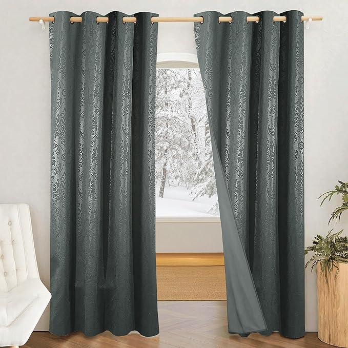 Amazon Brand - Solimo Polyester 100% Blackout Printed Emboss Door Floral Curtains|Blackout Door Curtains|7 Feet|Set of 2|Emboss Floral Design |for Living Room Kids Room and Bedroom |Grey