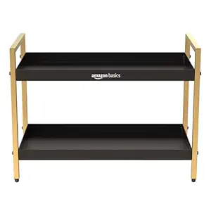 Amazon Basics Modern 2-Tier Metal Organizer Rack for Kitchen, Bathroom, Living Room & Vanity | Black & Gold | Space-Saving Countertop Storage Shelf (20D x 40W x 30H cm)