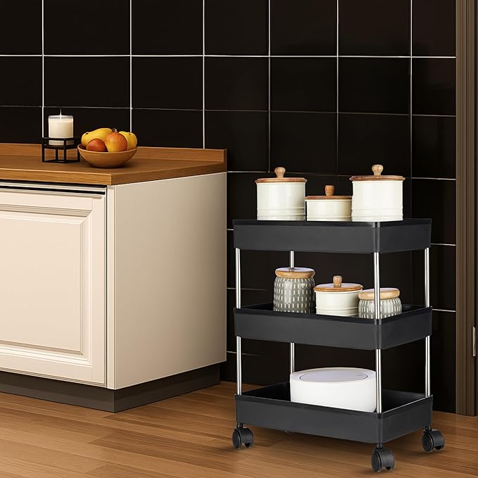 Amazon Brand - Solimo 3-Tier Utility Cart with Rolling Swivel Wheels | Multipurpose Storage Organizer for Kitchen, Bathroom, Office & Laundry Plastic Trays with Steel Metal Rods (Black)