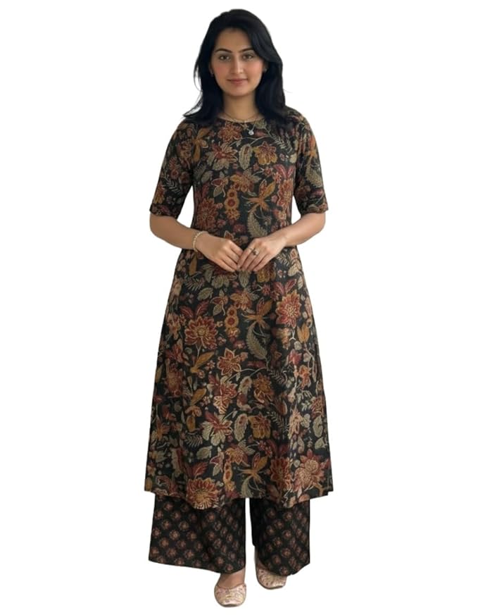 ANNI Designer Women's Rayon Viscose Straight Printed Kurta with Palazzo | Elbow Length Sleeve Kurti Set | Close Neck with Back Slit | Soft Comfortable Fabric | 2 Piece Outfit