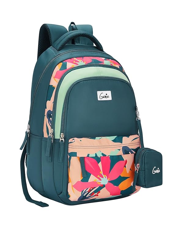 Genie School Backpack For Girls |17 Inch-27 Litres With Three Compartments, Light Weight with Padded Shoulders |Best for Books, Water Bottles, Stationery, Lunch Box & Essentials
