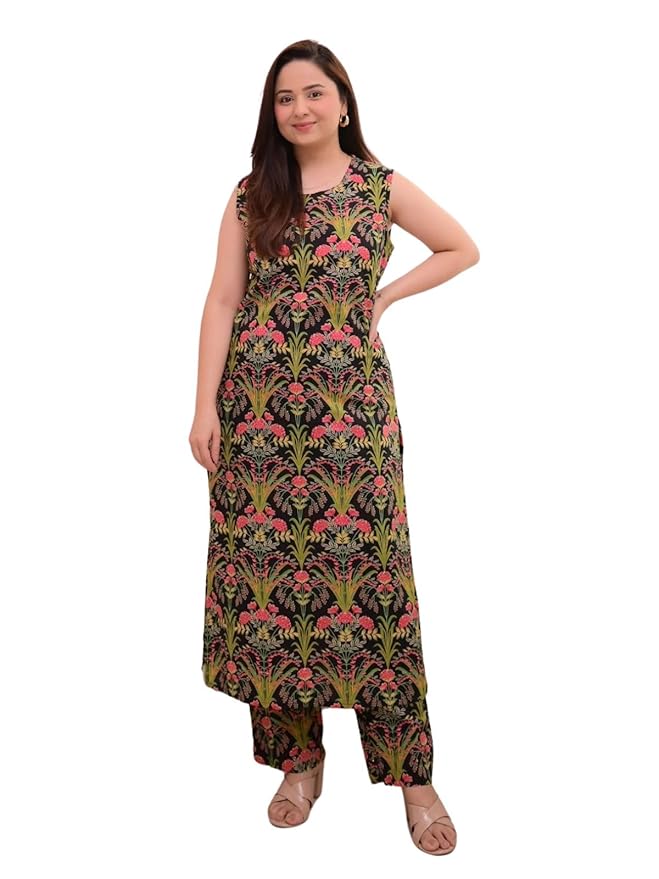 Leriya Fashion Women’s Sleeveless Rayon Kurta & Pant Set Multicolour | Comfortable, Breathable Viscose for Office & Casual Wear