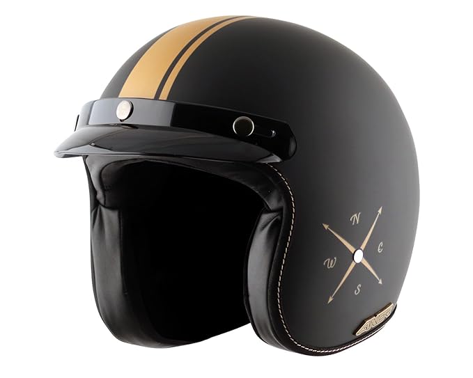 Axor Retro Jet Euro Globe ISI and DOT Certified Matte Finish Open Face Helmet for Men and Women with Stylish Peak- Dull Black -L