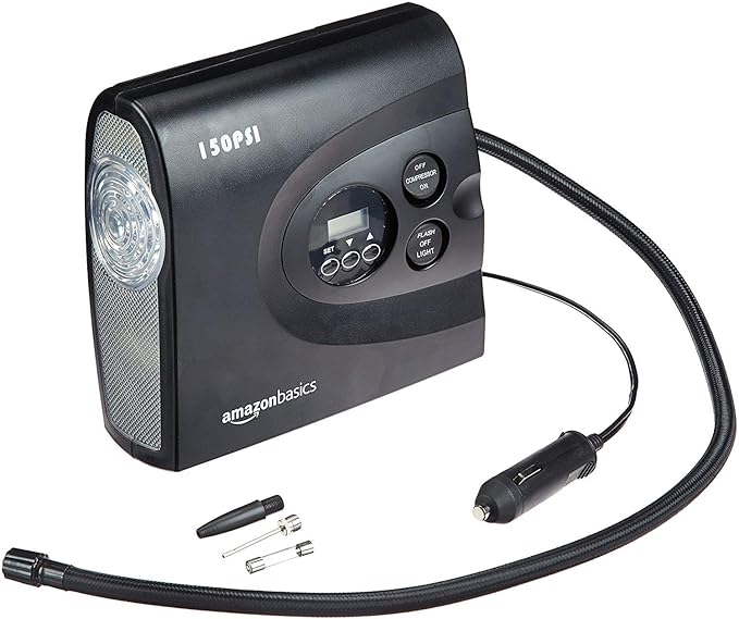 amazon basics Compact Portable Tyre Inflator | 12V | 150 PSI | ABS Digital Tyre Inflator with Carrying Case | 150 Pound per Square Inch | Black