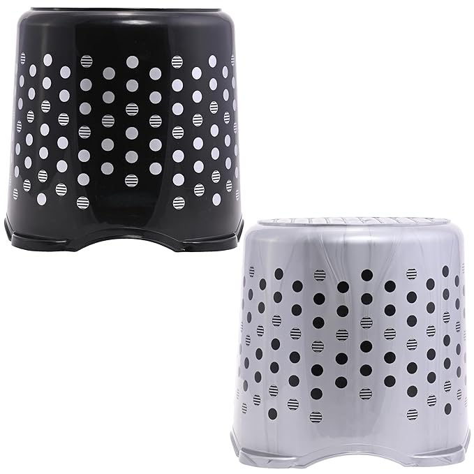 Kuber Industries Pack of 2 Stackable Stool for Sitting | Light Weight & Space-Saving Stool for Kitchen, Home & Office | Ideal for Living Room, Balcony & Garden | Dot Comfy- Black & Grey