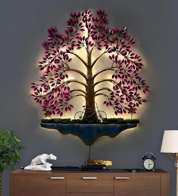 Bharat Art Metal Tree Wall Art with LED Light for Living Room | Handcrafted Iron Tree Wall Hanging Home Decoration for Bedroom, Hall, Office & Entrance | Pesto Tree Pink | 31x2x40 inch | WD056 (A)