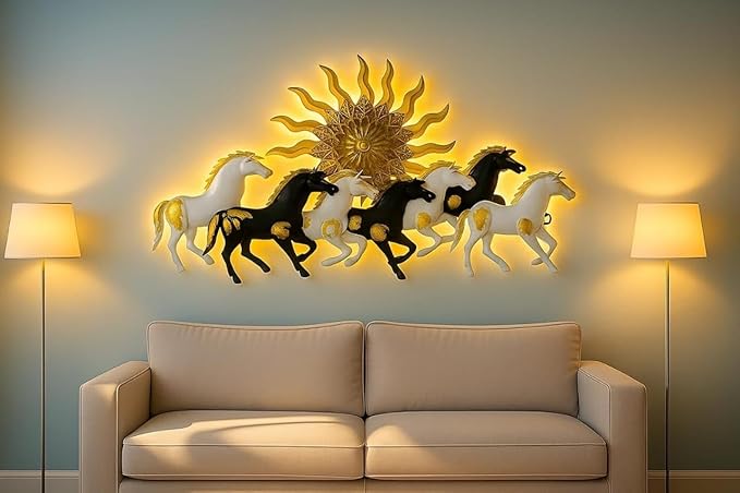 Bharat Art Carly 7 Horses Wall Art | Vastu Decorative Metal Wall Hanging Sculpture for Living Room, Bedroom & Office | Elegant Sunrise Design with LED Lighting | 36 x 2x 20 Inch | W153 (C)