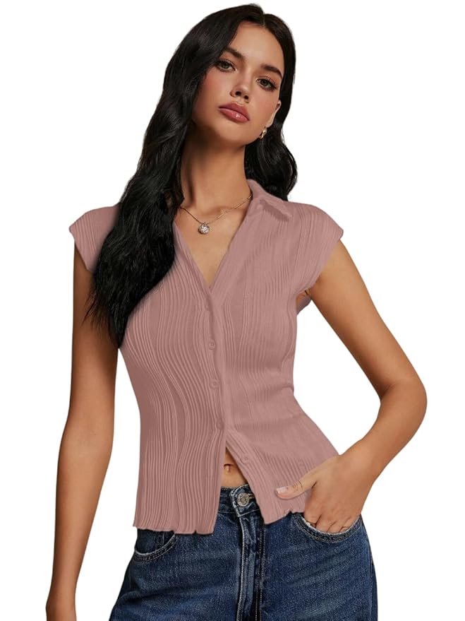 GRECIILOOKS Korean Tees for Women | Tops for Woman | Collared Casual Summer Tops for Women Western | Knitted Top Button-Up Short Sleeve Crop Top |Summer Stylish Texture Korean Knit Tee