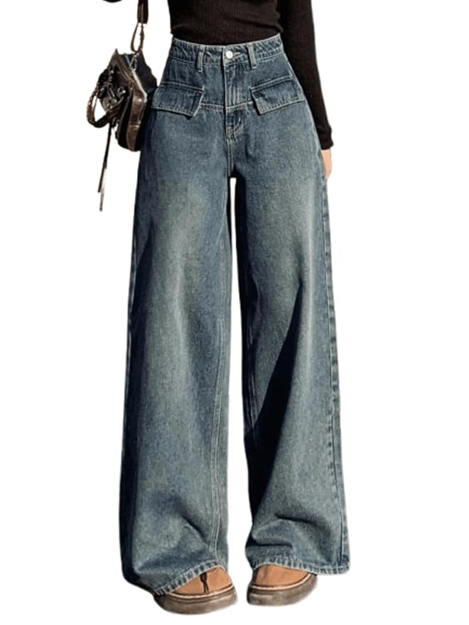 Aahwan Women's Flared Fit High Rise Solid Wide-Leg with Flap Detailing Korean Jeans
