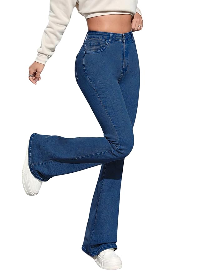 Aahwan Blue Solid Low Waist Bootcut Denim Jeans for Women's & Girls'