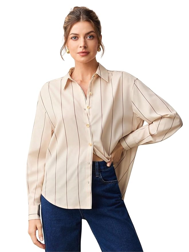 Aahwan Orange Solid Button Up Drop Shoulder Striped Print Casual Formal Long Sleeve Shirt for Women's & Girl's