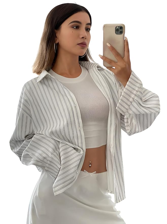 GRECIILOOKS Striped Shirt for Women | Korean Style Full Sleeve Oversized Button Down Shirts | Tops for Women | Shirt for Woman | Plus Size Top for Office & Casual Outfit