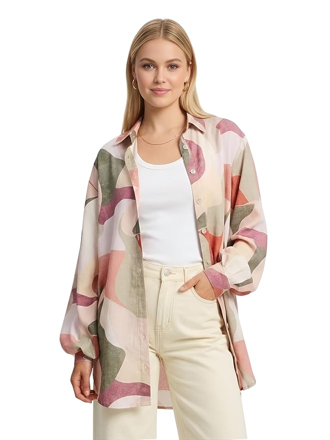Leriya Fashion Women Rayon Floral Stripe Printed Summer Shirt | Full Sleeve Collared Button Down Casual & Formal Top for Women | Breathable Lightweight Regular Fit Office Wear Western Shirt for Girls
