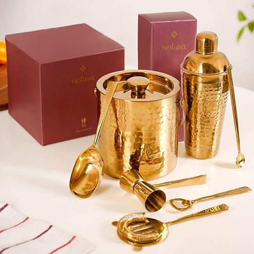 Nestasia Stainless Steel Bartender Kit Set - Cocktail Shaker (850ml), Ice Bucket (1900 ml), Peg Measurer (30/60ml), Bottle Opener, Strainer, Stirrer & Ice Scoop - Bar Tools for Parties & Gifting