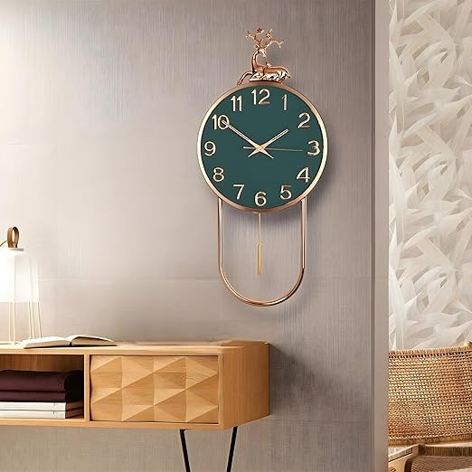 Amazon Brand - Umi Silent Stylish Latest Decorative Home Decor Designer Reindeer Pendulum Wall Clock lolak Big Wall Clock for Living Room Bedroom Home Wall Decoration Gift (36 x 77 cm) UC3432 (Green)