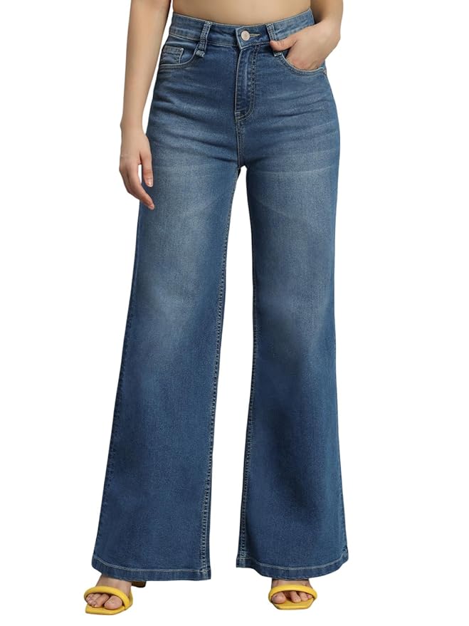 Amazon Brand - INKAST Women High Rise Wide Leg Full Length Cotton Poly Lycra Jeans | Casual Denim Wear
