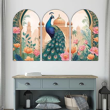 Livin'luxe Set of 3 Peacock Lotus Palace 3 Panel Wall Art | Elegant Multicolor Floral Canvas for Living Room, Bedroom, Office & Home Decor | Premium Modern Wall Hanging 50 inch x 30 inch RPNL-05