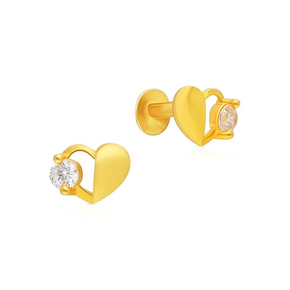 Malabar Gold & Diamonds | 22KT|Pure Yellow Gold & Cubiz Zirconia Heart|Stud|Earrings for Womens with Push back Closure