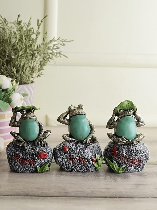 CraftVatika Decorative Three Frogs Statue Showpiece Items for Home Decor, Living Room Balcony Garden Indoor Outdoor Wall Shelf Decoration, Frogs Sitting on Stone Sculpture ( Set of 3 ),Multicolor