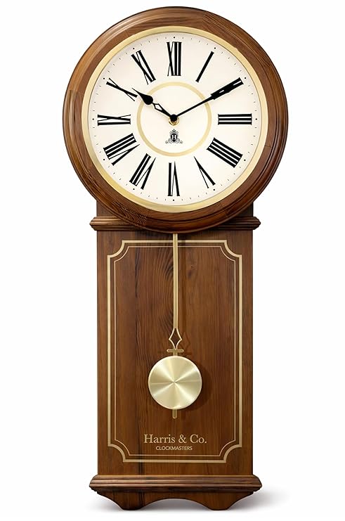 HARRIS & CO. CLOCKMASTERS Wooden Pendulum Wall Clock Luxe Edition 26.5 x 11.5 Inch | Silent Sweep Noiseless Movement | White Metal Roman Dial | Gold Accents & HD Clear Glass | Model-Hyde Park