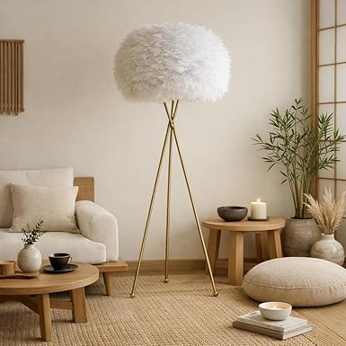 Floor Lamp for Living Room | Gold Stand with White Feather Shade | 3 Color LED (Warm White, Natural White, Cool White) Standing Lamp for Bedroom Corner Home Decoration Modern Stylish