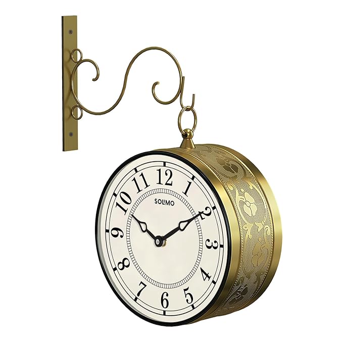 Amazon Brand - Solimo 8 Inch Vintage Station Analog Clock One Side Roman and Other Side Numeral Dial (Brass Finish) (Type-3)