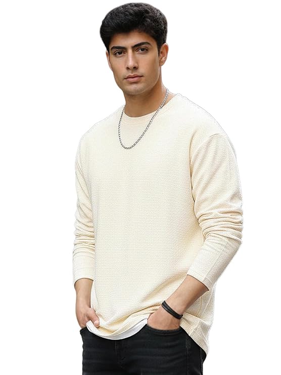 Urbano Fashion Men's Textured Round Neck Oversized Full Sleeve Cotton T-Shirt