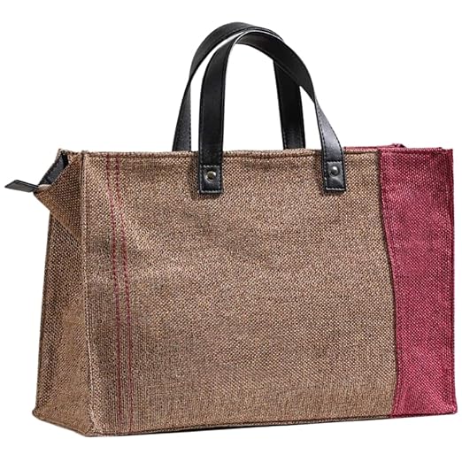 Nestasia Jute Lunch Bag for Office Women (15x10 Inch), Eco-Friendly and Washable Tiffin Bag for Men and Women with Vegan Leather Handle, Beige & Red (10 litres)