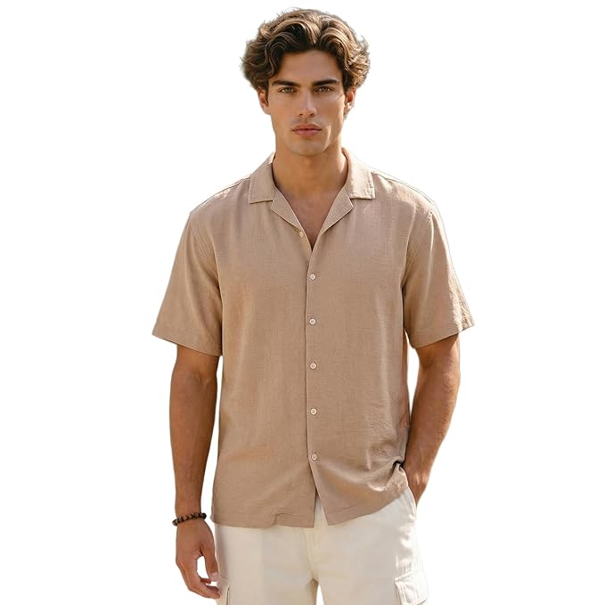 Urbano Fashion Men's Cotton Half Sleeve Relaxed Fit Textured Shirt with Cuban Collar