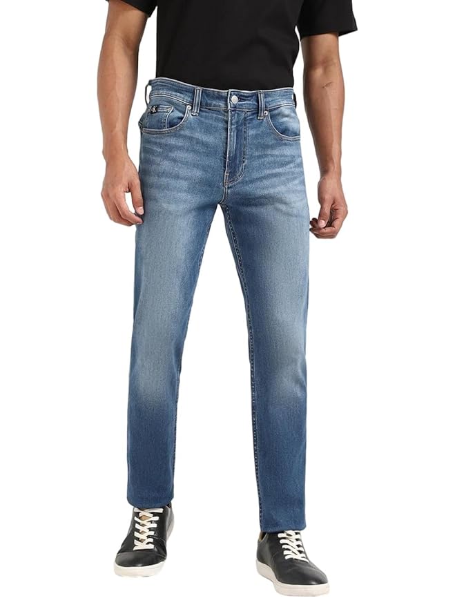 Mid-Wash Tapered-Fit Mid Rise Jeans