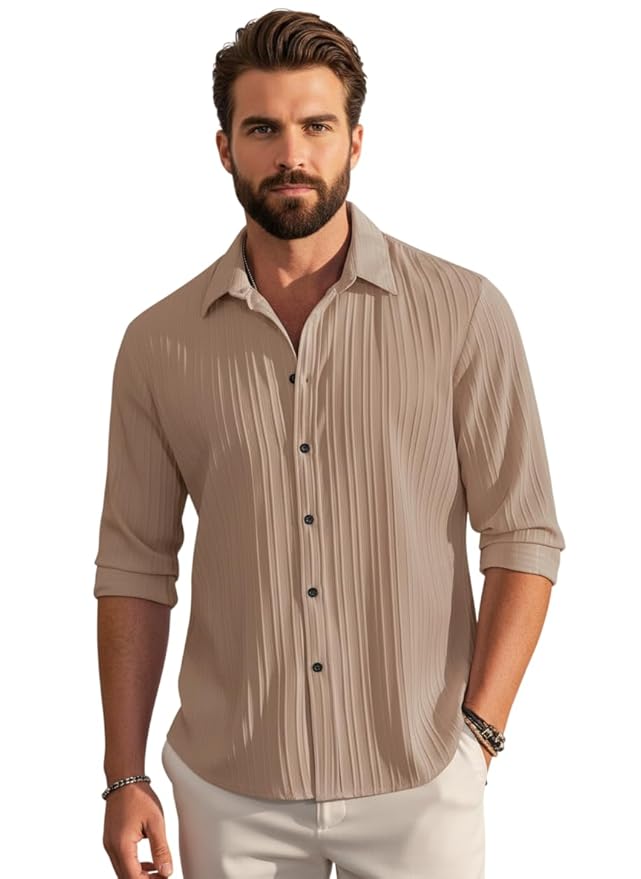 Amazon Brand - INKAST Men's Casual Button Down Shirts Long Sleeve Linen Shirt Fashion Textured Beach Summer Shirt