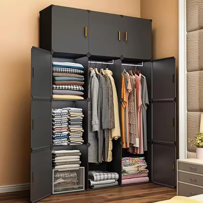 Mevigo Foldable Plastic Wardrobe for Clothes – 12- Door Baby Cupboard for Clothes Storage, Wardrobe for Kids, Plastic Almirah, Collapsible Wardrobe for Kids Livingroom & Home (Grey-HO2, 12- Door)