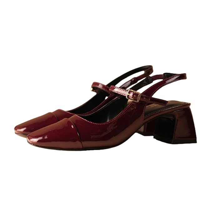 Theater Women Twiggy Cherry Red Mary Jane Heels | Square Toe Slingback Block Heel Sandals with Adjustable Strap | Comfortable & Stylish Shoes for Office, Party and Casual Wear