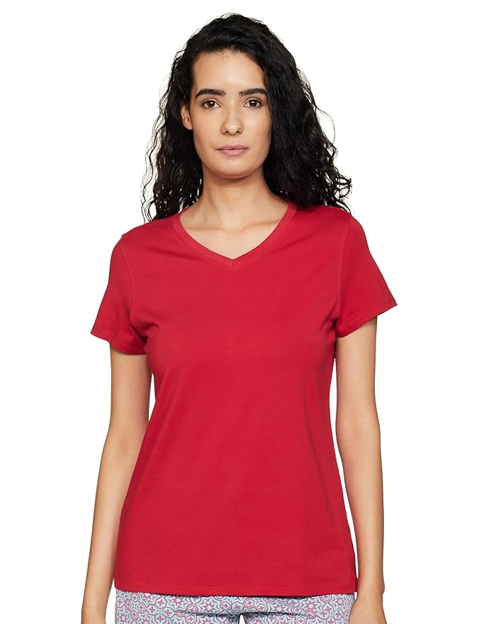 Van Heusen Women Lounge T-Shirt - Super Combed Cotton Elastane - V-Neck, Short Sleeve, Short Sleeve, Reflective Trim
