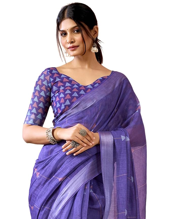 SIRIL Women's Printed Cotton Linen One Minute Ready to Wear Saree with Unstitched Blouse Piece