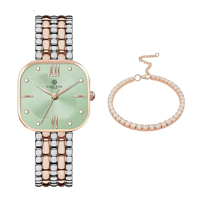 Carlton London Mint Green Dial Women’s Watch with Bracelet Set – Elegant Rose Gold Strap, Stylish Quartz Timepiece, Water Resistant Ladies Accessory | Gift Box for Anniversary & Birthday | Luxury square watch gift set