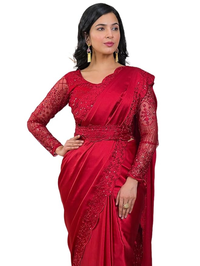 SIRIL Women's Satin Sequins Embroidery Saree with Unstitched Blouse Piece
