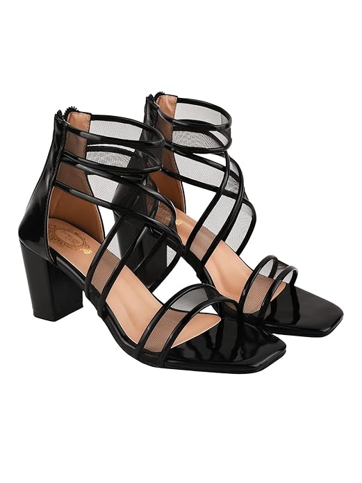 Shoetopia Patent Multi Cross Strap Block Heeled Sandals for Women & Girls