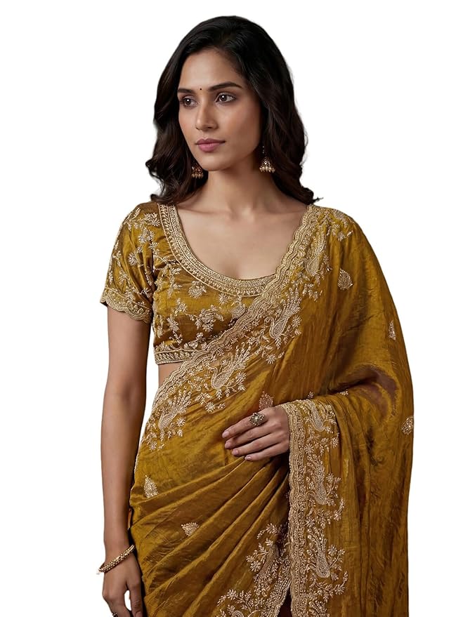 SIRIL Women's Tissue Silk Scalloped Border Embroidery Saree with Unstitched Blouse Piece