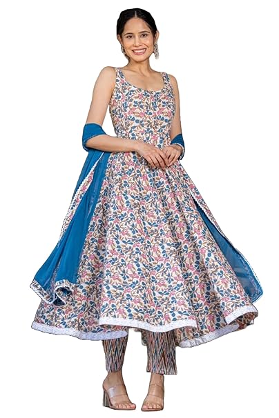 GoSriKi Women's Rayon Blend Printed Anarkali Kurta with Pant & Dupatta