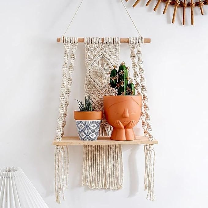 tms Macramé Wall Hanging Shelf Pine Wood Floating Shelve with Wooden Dowel Modern Chic Woven Décor for Dorm Living Room Nursery Off-White (10X5X20 inch) (TMS-WS-113) Visit the tm