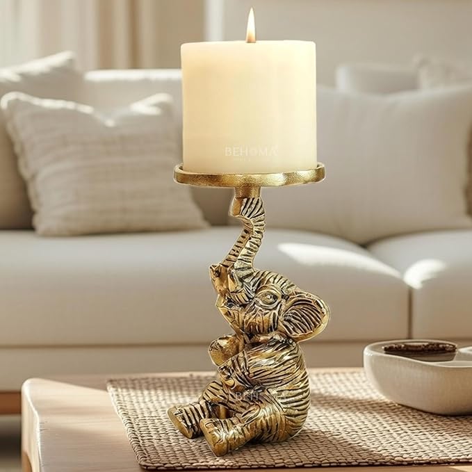 BEHOMA Aluminium Elephant Pillar Candle Holder Statue | Tabletop Home Decor Showpiece House Warming & Valentine’s Gift for Men | Wedding & Anniversary Decorative | Gold (Candle Not Included) 8 x 8 Cm